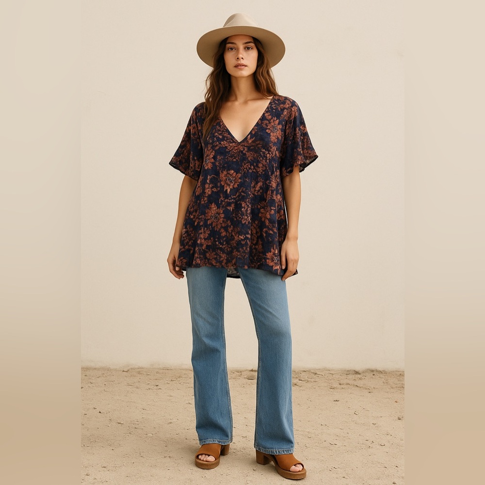 Free People Fall Floral Oversized Blouse Linen Blend wide flowy Xs